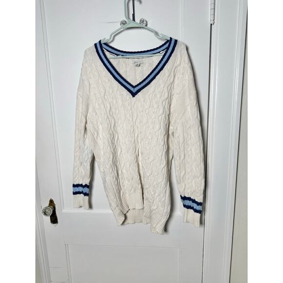 American Eagle White Cable Knit Tennis Preppy Striped Oversized Sweater Large - Picture 1 of 8